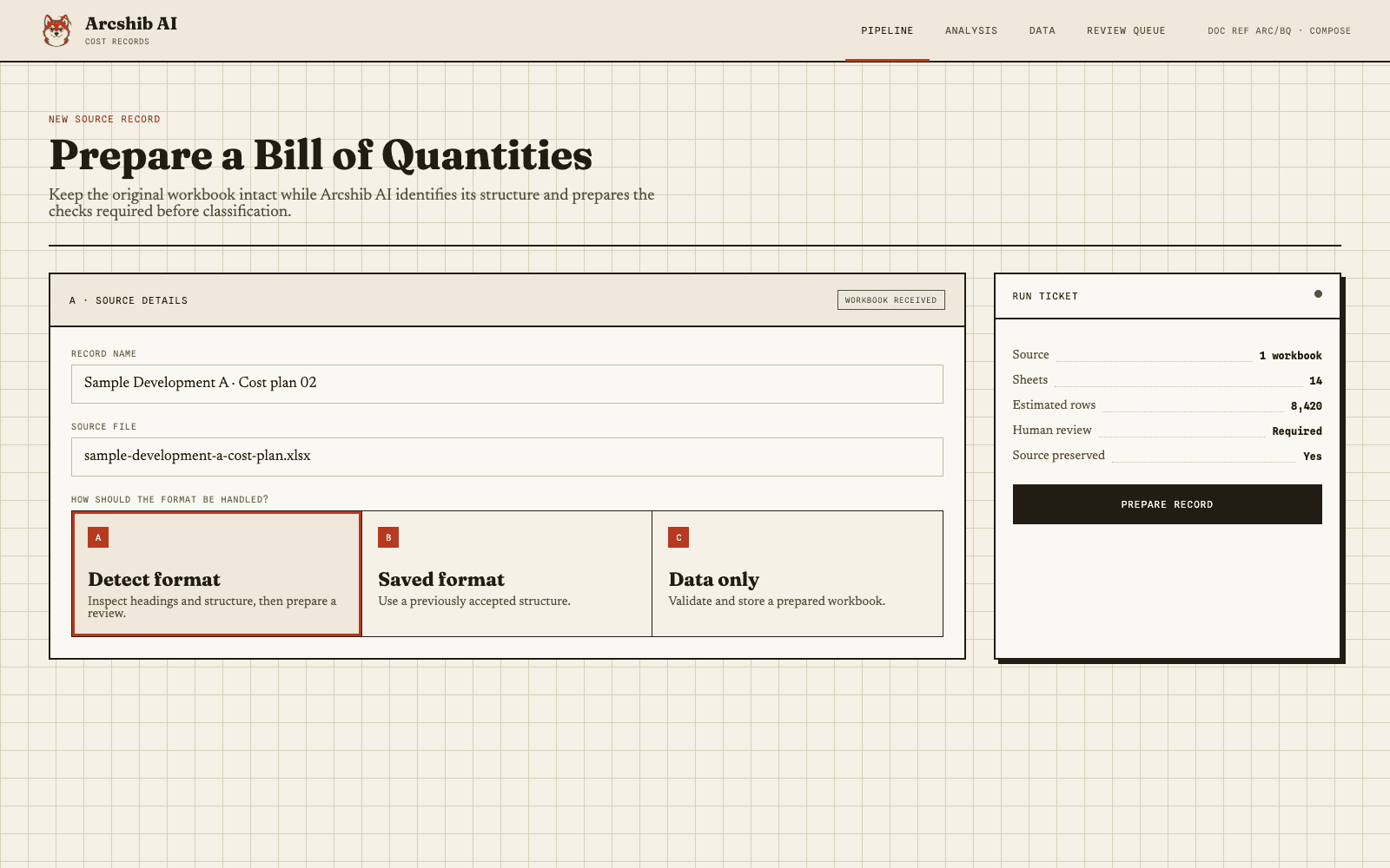 Representative Arcshib AI intake screen showing a synthetic Bill of Quantities ready for validation.